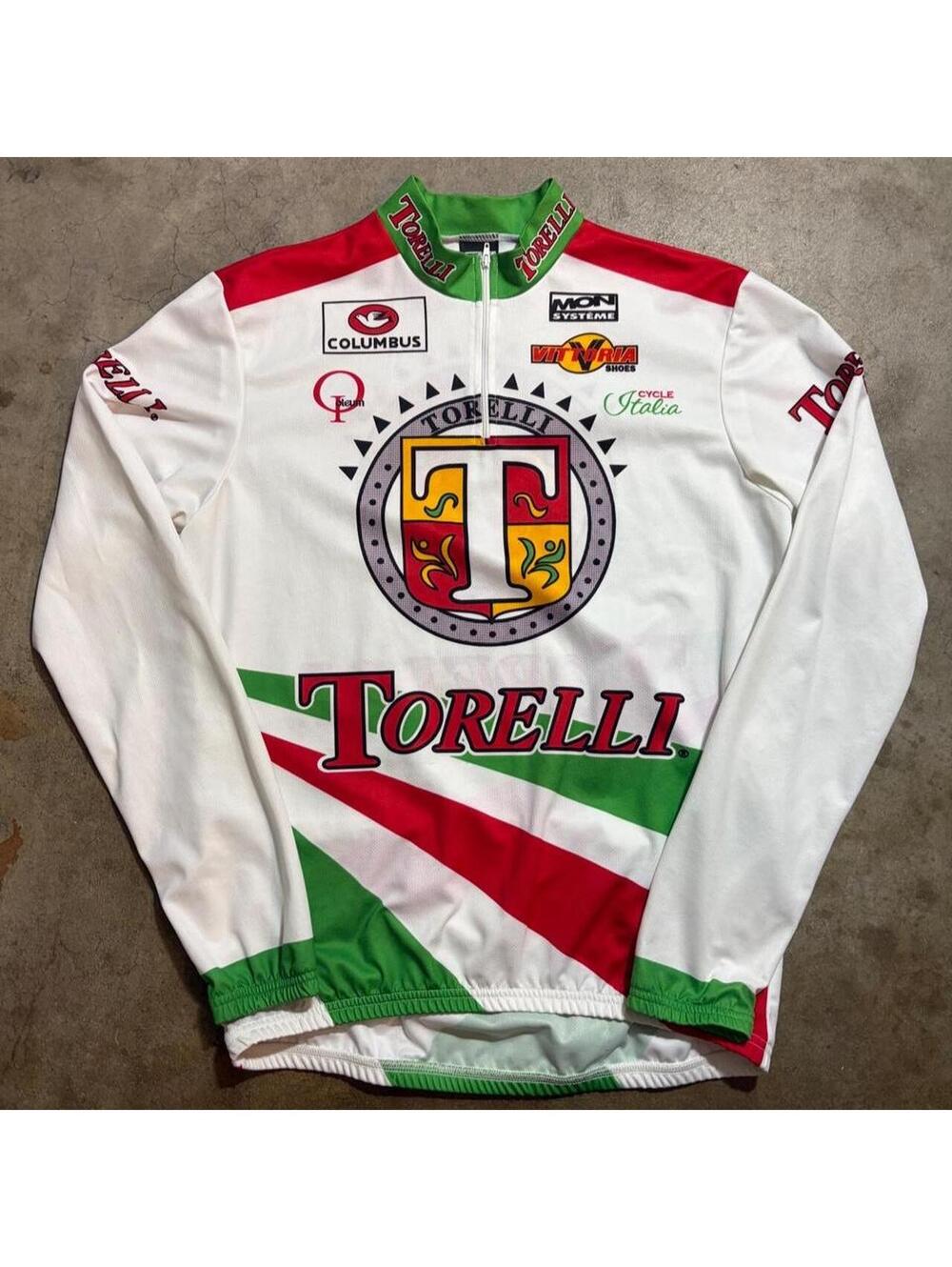 Torelli cycling jersey w red, white, and green diagonal stripes n circular logo